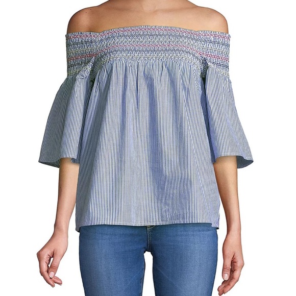 beachlunchlounge Tops - BeachLunchLounge Smocked Off Shoulder Blue White Striped Blouse Size XL
